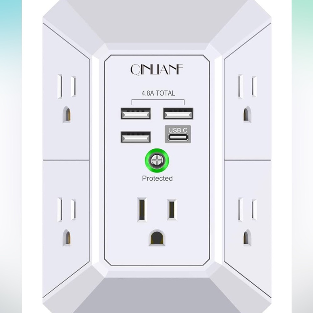 Wall Charger, Surge Protector, 5 Outlet Extender 3-Sided for Home Travel Office